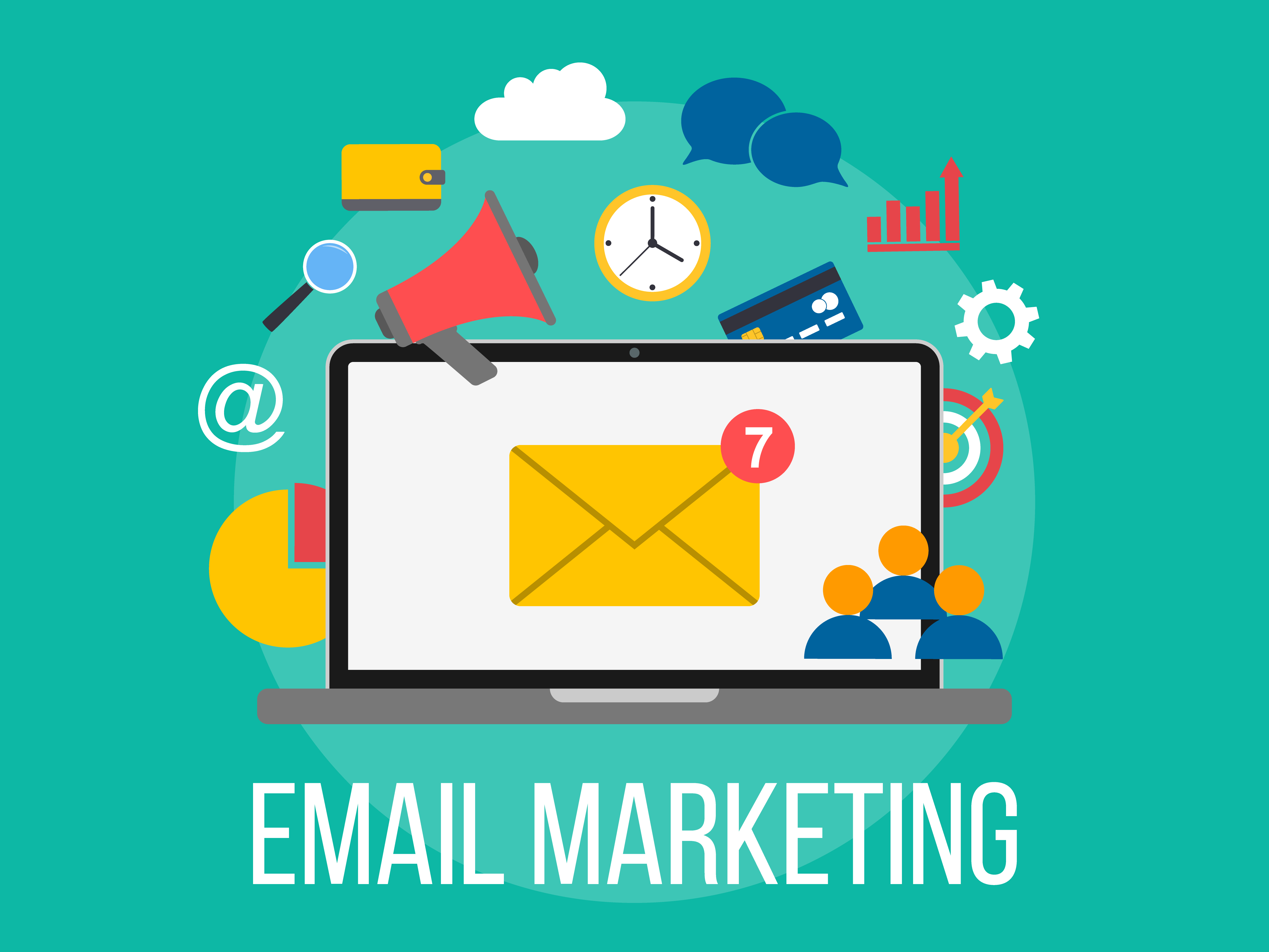Email marketing concept. Laptop with envelope on screen. Flat design ...